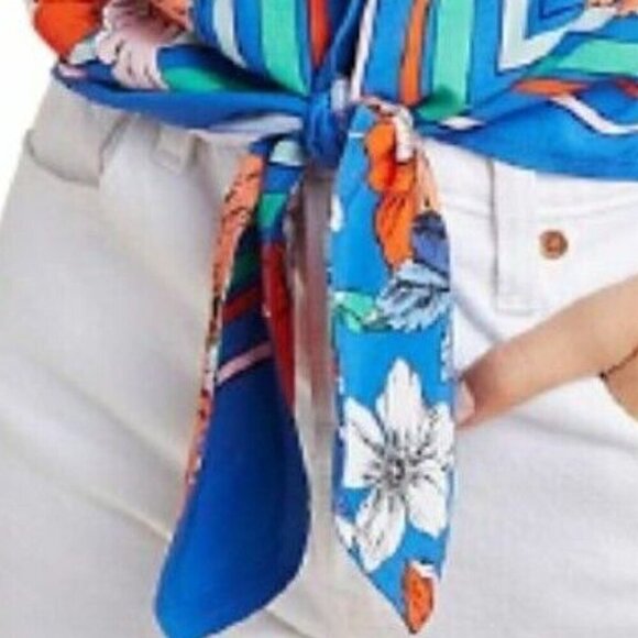 Anthropologie Top Womens 12 Blue V-Neck Tie Front Long Sleeve Floral Blouse - Picture 6 of 6